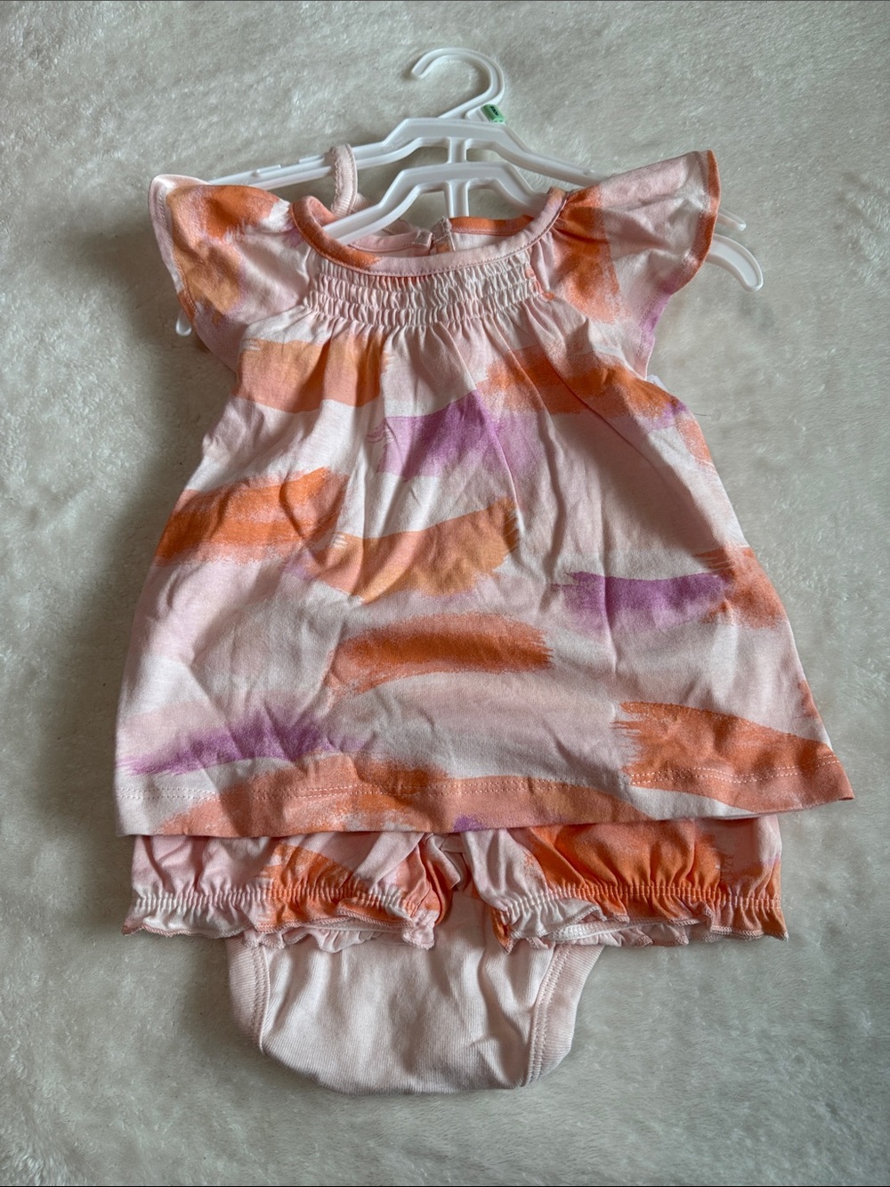 Carter’s 3 Piece Set.Light Pink Bodysuit. Purple, Orange, Pink Shorts & Top. 18m